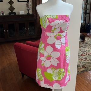 Lilly Pulitzer strapless floral dress pink, white & green with side zip